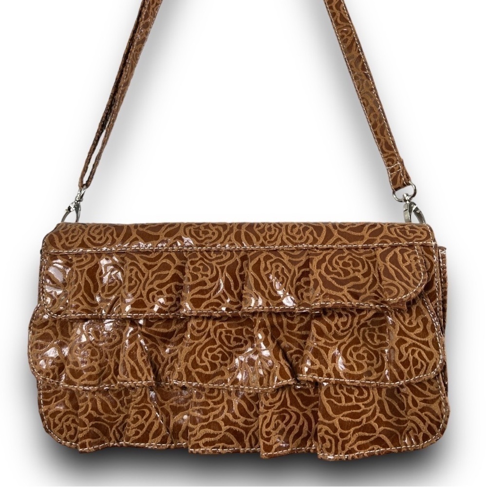 Genna De Rossi Tan Floral Embossed Vegan Leather Clutch Crossbody Bag